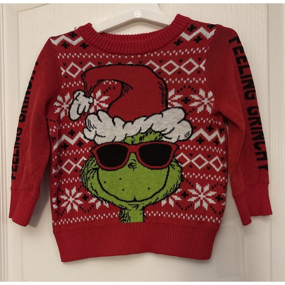 Grinch Red Holiday Sweater, Infant 18M "Feeling Grinchy" Grinch‎ With Santa Hat